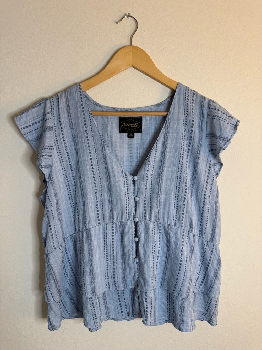 Threadgrit Blue Striped Button-Front V-Neck Top Blouse Size XL